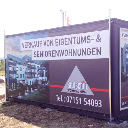 Außenwerbung: Container - Bannerwerbung. Produziert von der Firma bausch werbeland aus Waiblingen, bei Stuttgart